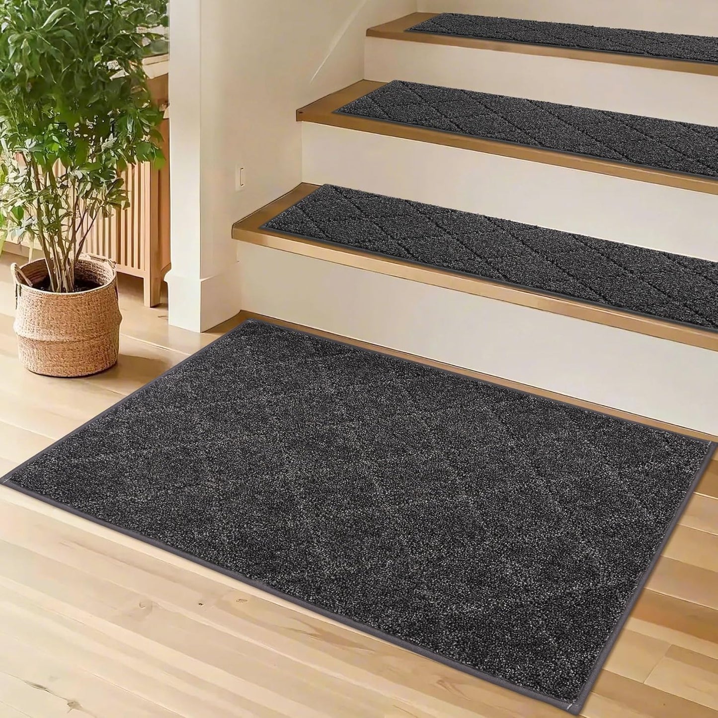 COSY HOMEER Edging Stair Treads Non-Slip Carpet Mat 28inX9in Indoor Stair Runners for Wooden Steps, Edging Stair Rugs for Kids and Dogs, 100% Polyester TPE Backing (15pc, Beige)