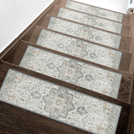 Non Slip Stair Treads for Wooden Steps 15PCS - 8"x30" Indoor Safety Carpet, Edging Mats with TPE Adhesive Backing, Pet and Elderly Friendly Stair Rugs (Taupe)