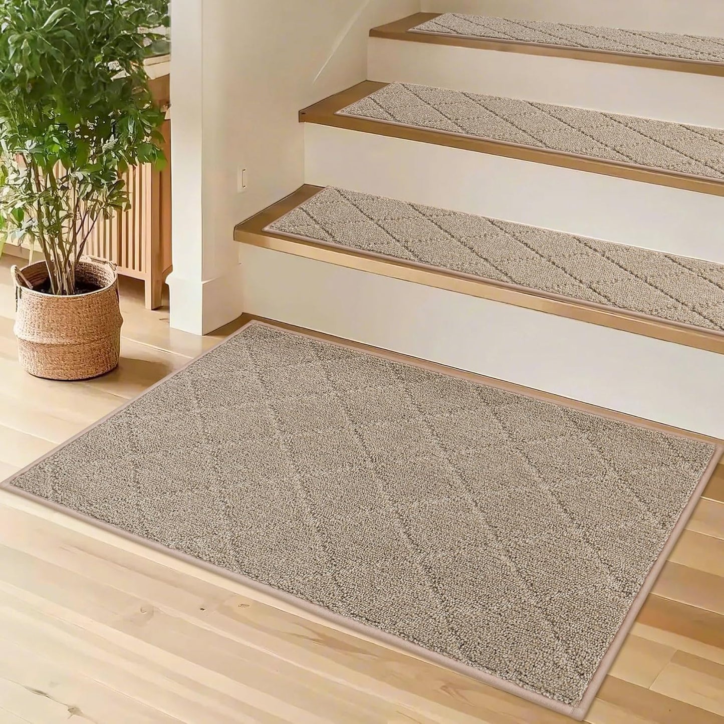 COSY HOMEER Edging Stair Treads Non-Slip Carpet Mat 28inX9in Indoor Stair Runners for Wooden Steps, Edging Stair Rugs for Kids and Dogs, 100% Polyester TPE Backing (15pc, Brown)