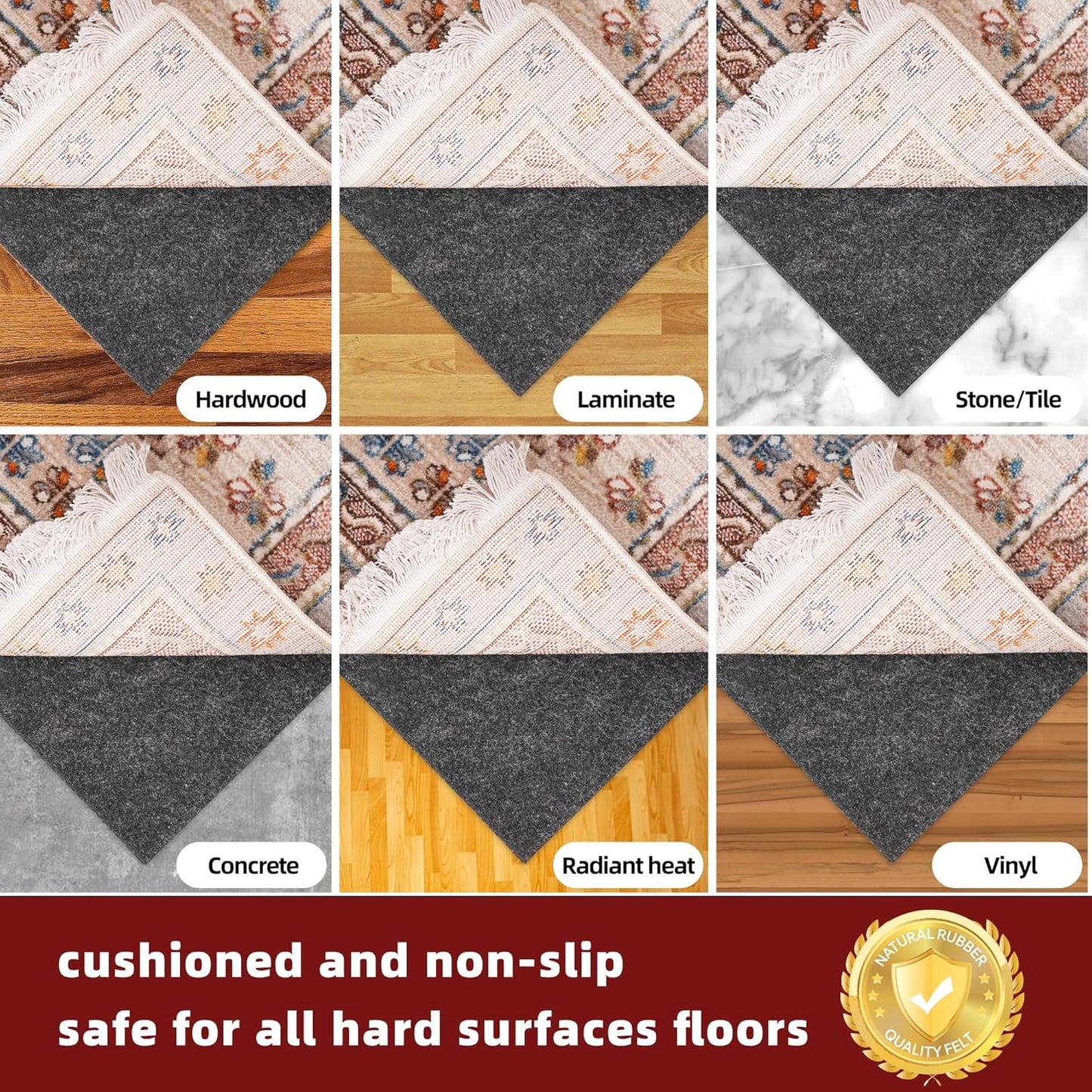 BAGAIL Felt and Natural Rubber Backing Rug Pads 1/4” Thick, 8 x 10 Ft Non Slip Carpet Gripper Keep Rugs in Place, Under Area Rug Protective Cushioned Pads, Carpet Runners, Hardwood Floors Protection